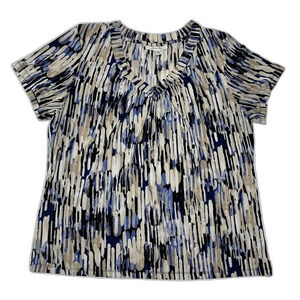 JM Collection V Neck Abstract‎ Blue Blouse Top Size L Stretch Short Sleeve